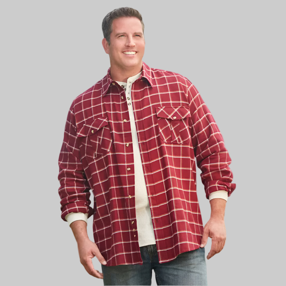 Burgundy windowpane plaid flannel shirt with chest pockets in Big & Tall sizing