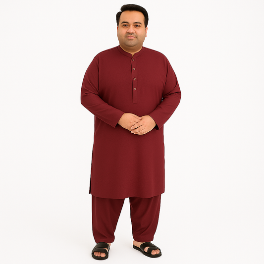 Plus-size man wearing burgundy premium wash & wear kurta pajama – PlusSize.pk