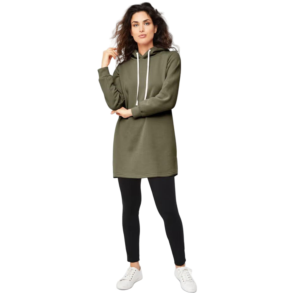 Flat-lay of Burnt Olive Hooded Sweatshirt Tunic on neutral background