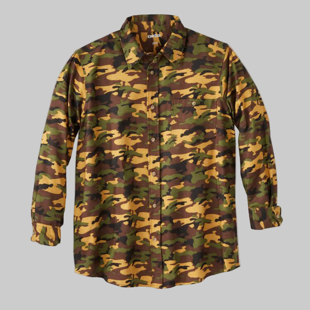 Flat-lay of Camo Plaid Holiday Shirt on neutral background