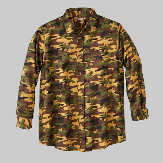 Flat-lay of Camo Plaid Holiday Shirt on neutral background