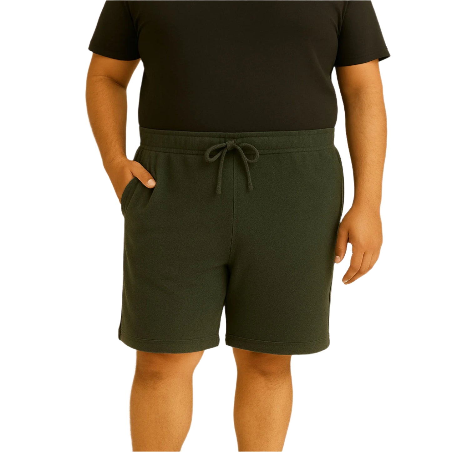 Carbon Green plus size terry shorts with side-zip pockets and elastic waist