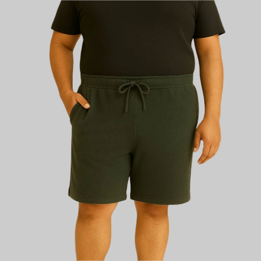 Carbon Green plus size terry shorts with side-zip pockets and elastic waist