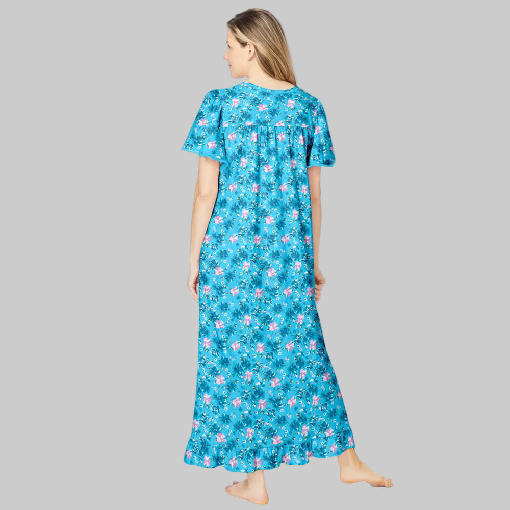 Women’s plus size long cotton gown in Caribbean blue floral print with flutter sleeves, ruffled hem, and front pintuck detail.