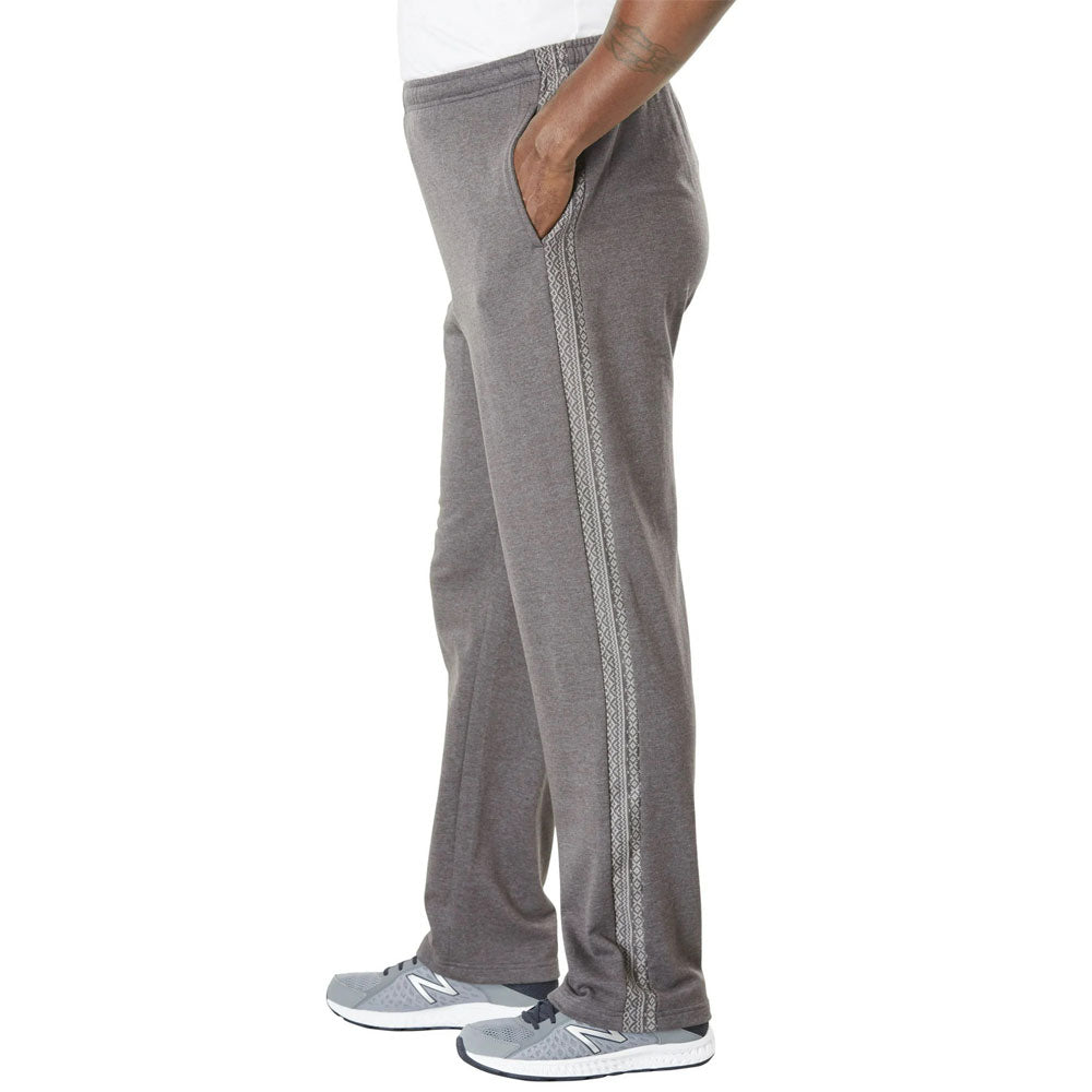 Charcoal big and tall snow lodge sweatpants with printed side panels, drawstring waist, and open hems