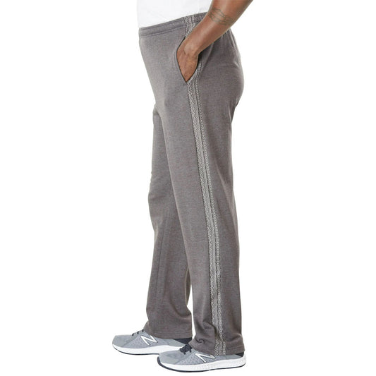 Charcoal big and tall snow lodge sweatpants with printed side panels, drawstring waist, and open hems