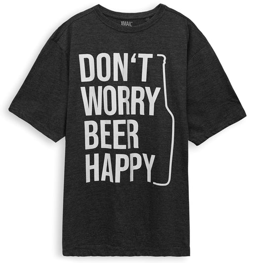 Man wearing charcoal crewneck t-shirt with “Don’t Worry” print