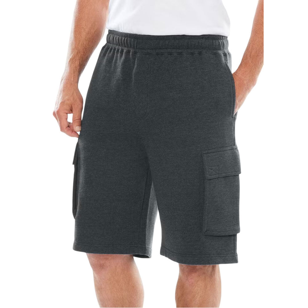 Plus-size fleece cargo shorts with a relaxed fit, elastic waistband, drawstring, and secure cargo pockets for comfort and function.