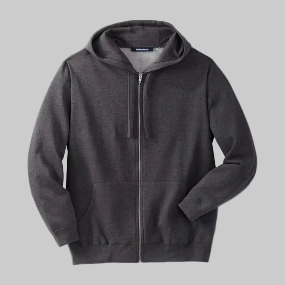Charcoal fleece zip-front hoodie for men with a relaxed big and tall fit, drawstring hood, front pockets, and soft warm fabric for daily wear.