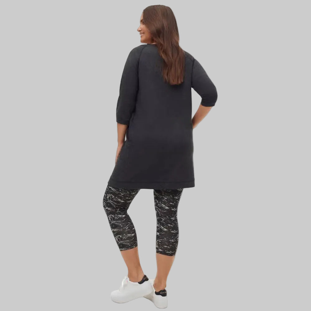 Charcoal French terry women's tunic with zip pockets and relaxed fit front view