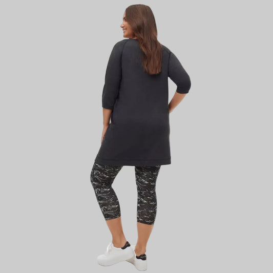Charcoal French terry women's tunic with zip pockets and relaxed fit front view