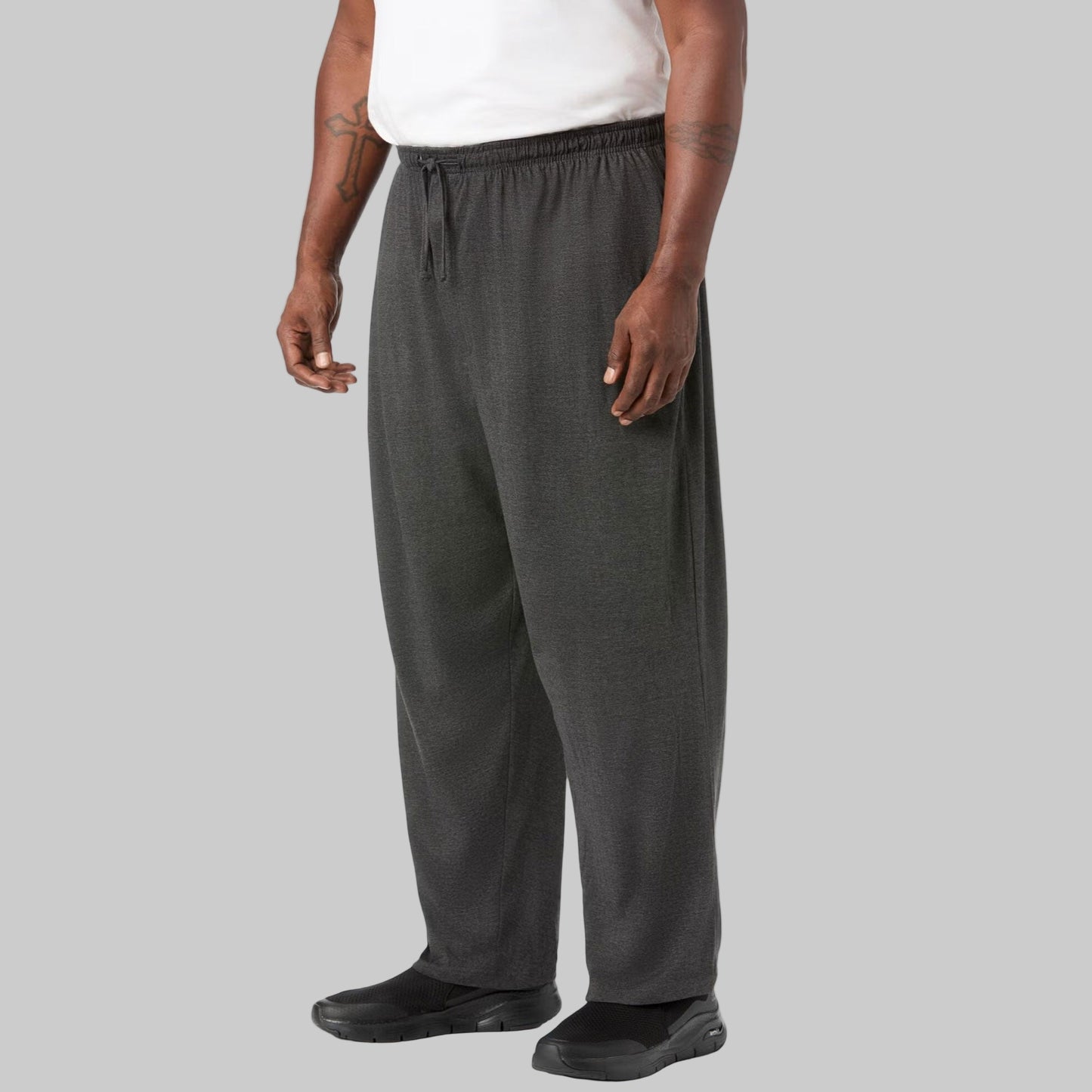 Men’s charcoal lightweight cotton jersey pajama pants with drawstring waistband and side pockets, ideal for plus-size comfort and relaxed wear.