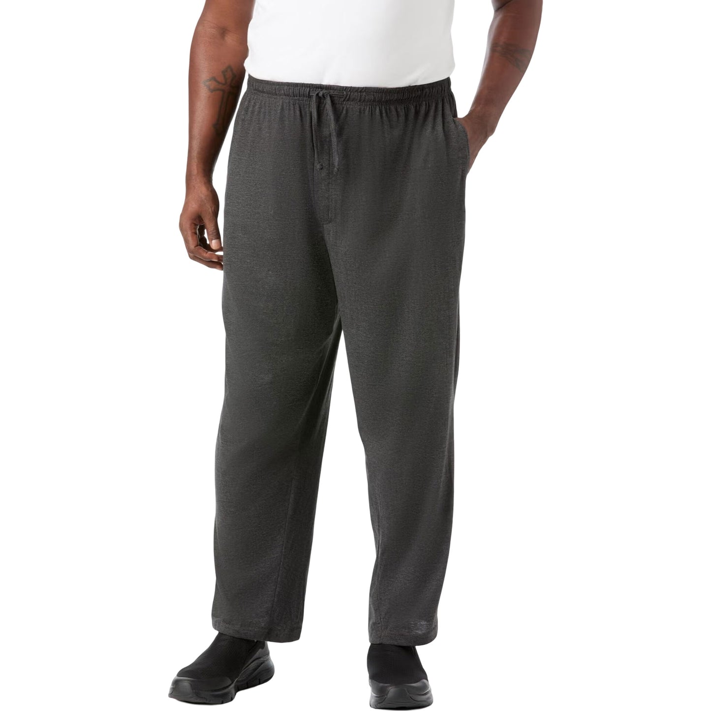 Men’s charcoal lightweight cotton jersey pajama pants with drawstring waistband and side pockets, ideal for plus-size comfort and relaxed wear.