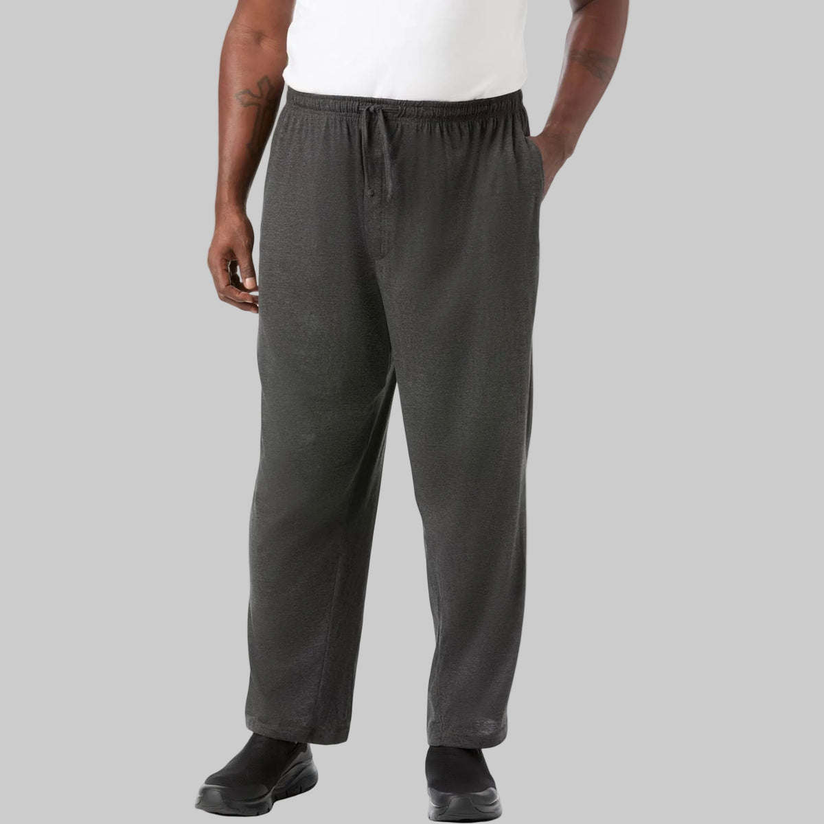 Menβs charcoal lightweight cotton jersey pajama pants with drawstring waistband and side pockets, ideal for plus-size comfort and relaxed wear.