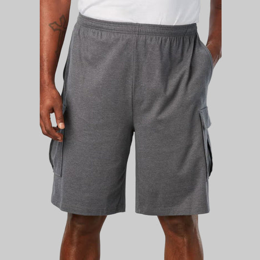 Charcoal lightweight jersey cargo shorts with six pockets and elastic waistband, displayed flat on a white background.