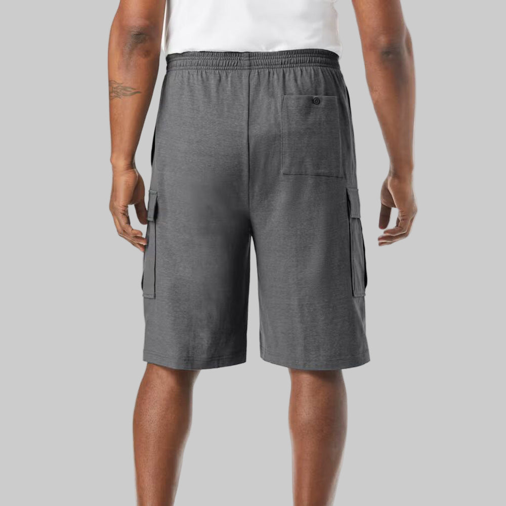 Charcoal lightweight jersey cargo shorts with six pockets and elastic waistband, displayed flat on a white background.