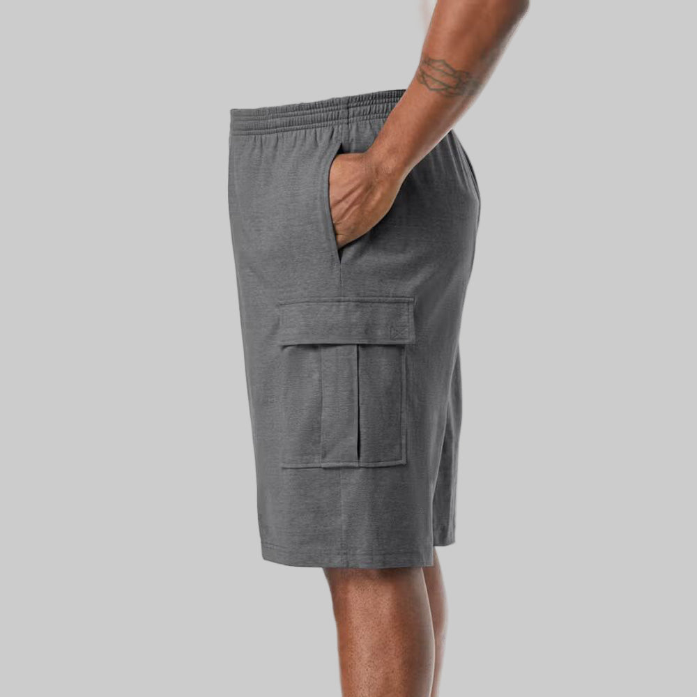 Charcoal lightweight jersey cargo shorts with six pockets and elastic waistband, displayed flat on a white background.