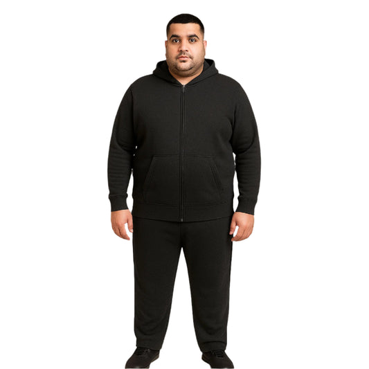 Charcoal fleece sleeveless hoodie and trouser set for plus-size men
