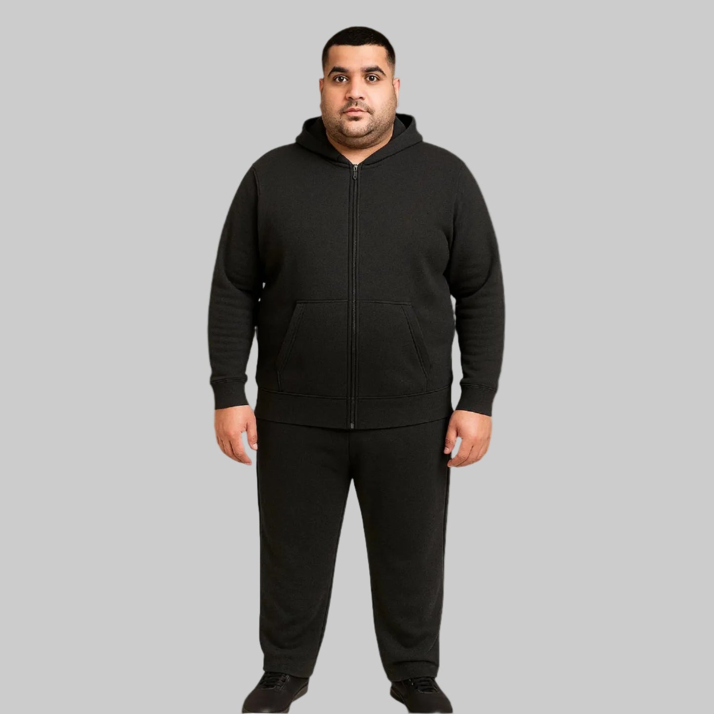 Charcoal fleece sleeveless hoodie and trouser set for plus-size men