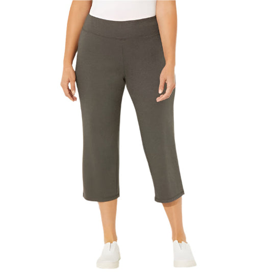 A Heather Grey Plus Size Women Yoga Capri with a wide waistband, soft stretch fabric, and moisture-wicking technology for comfort during workouts or casual wear.