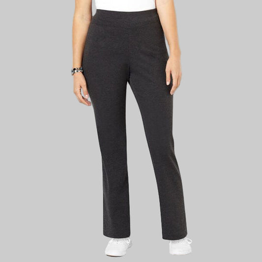 Charcoal grey plus size yoga pants with elastic waistband and stretch cotton fabric