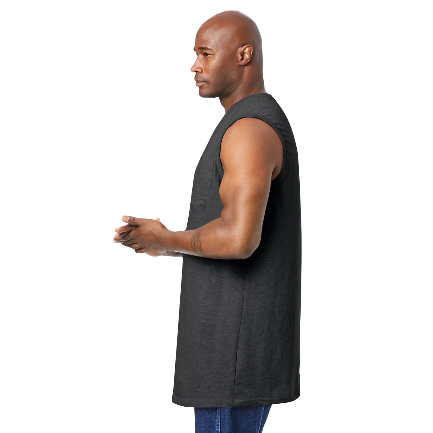 Charcoal Pocket Muscle Tee – Flat Lay Front View of Sleeveless T-Shirt with Chest Pocket