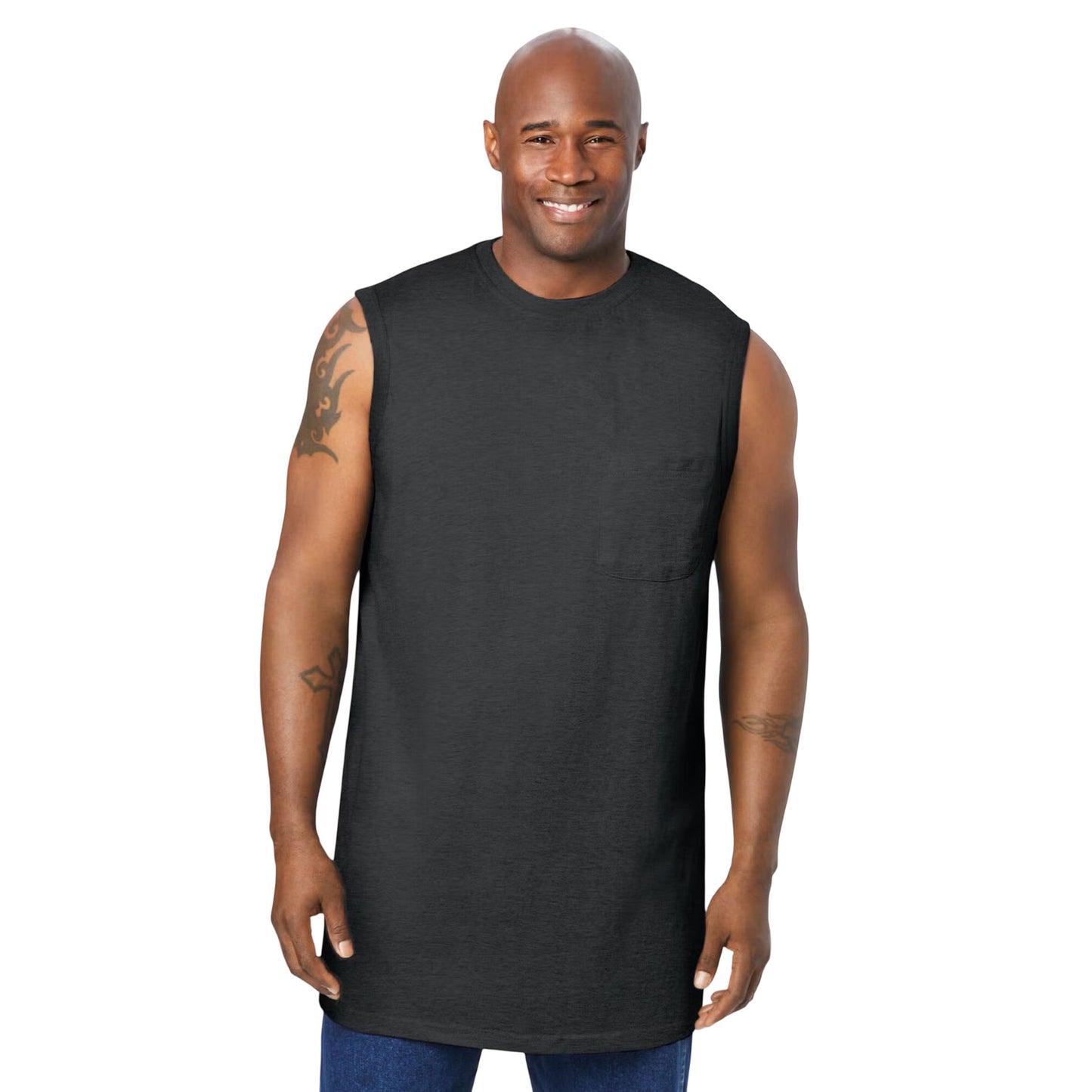 Charcoal Pocket Muscle Tee – Flat Lay Front View of Sleeveless T-Shirt with Chest Pocket