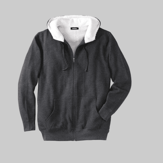 Charcoal Big and Tall Sherpa Lined Fleece Hoodie with full zip front, drawstring hood, and kangaroo pockets on a clean studio background.