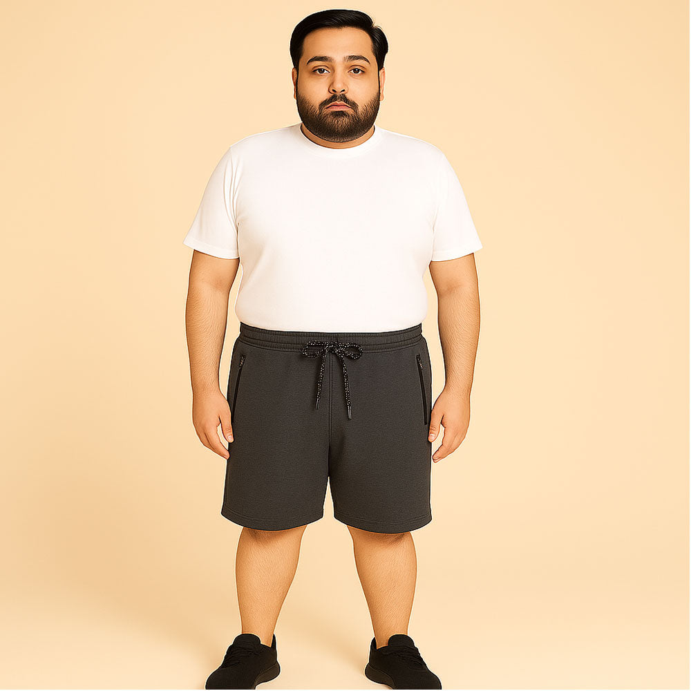 Charcoal Terry Knit Plus Size Shorts – Back View with Pocket and Elastic Waist