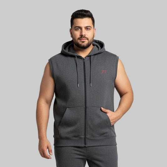Charcoal Plus Size Sleeveless Zip-Up Fleece Hoodie PSM-10246