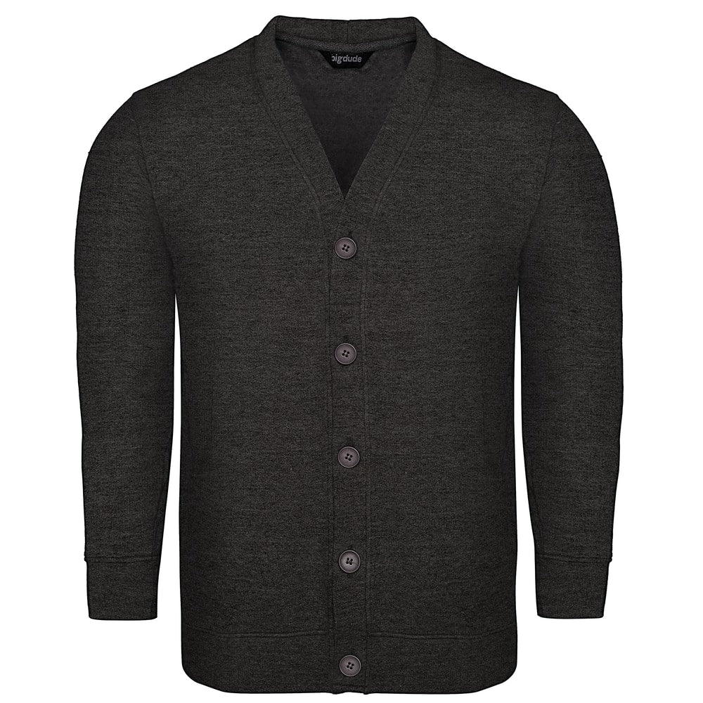 Charcoal supersoft V-neck cardigan for big and tall men with button front, ribbed cuffs, and relaxed fit shown in a clean studio image