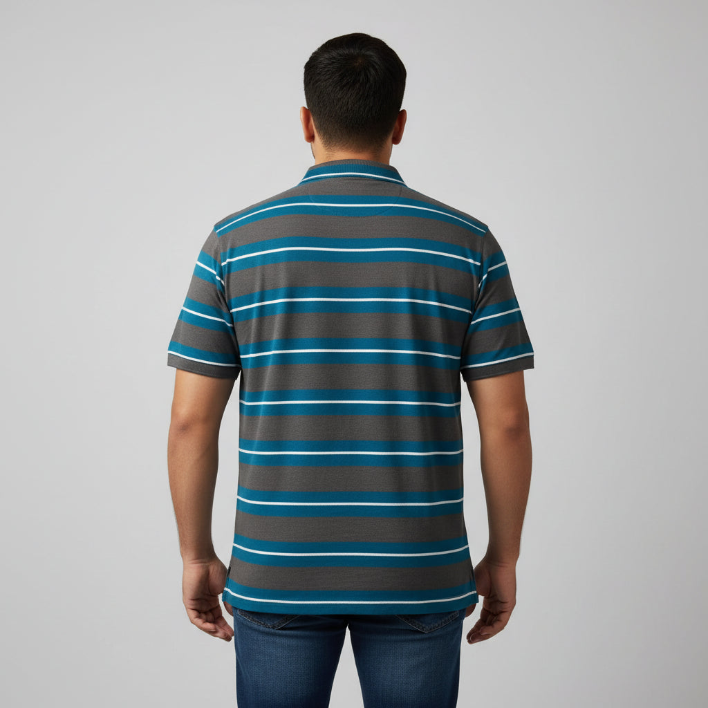 Charcoal teal horizontal stripe plus size polo shirt yarn dyed fabric front view