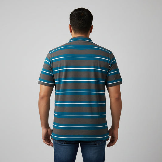 Charcoal teal horizontal stripe plus size polo shirt yarn dyed fabric front view
