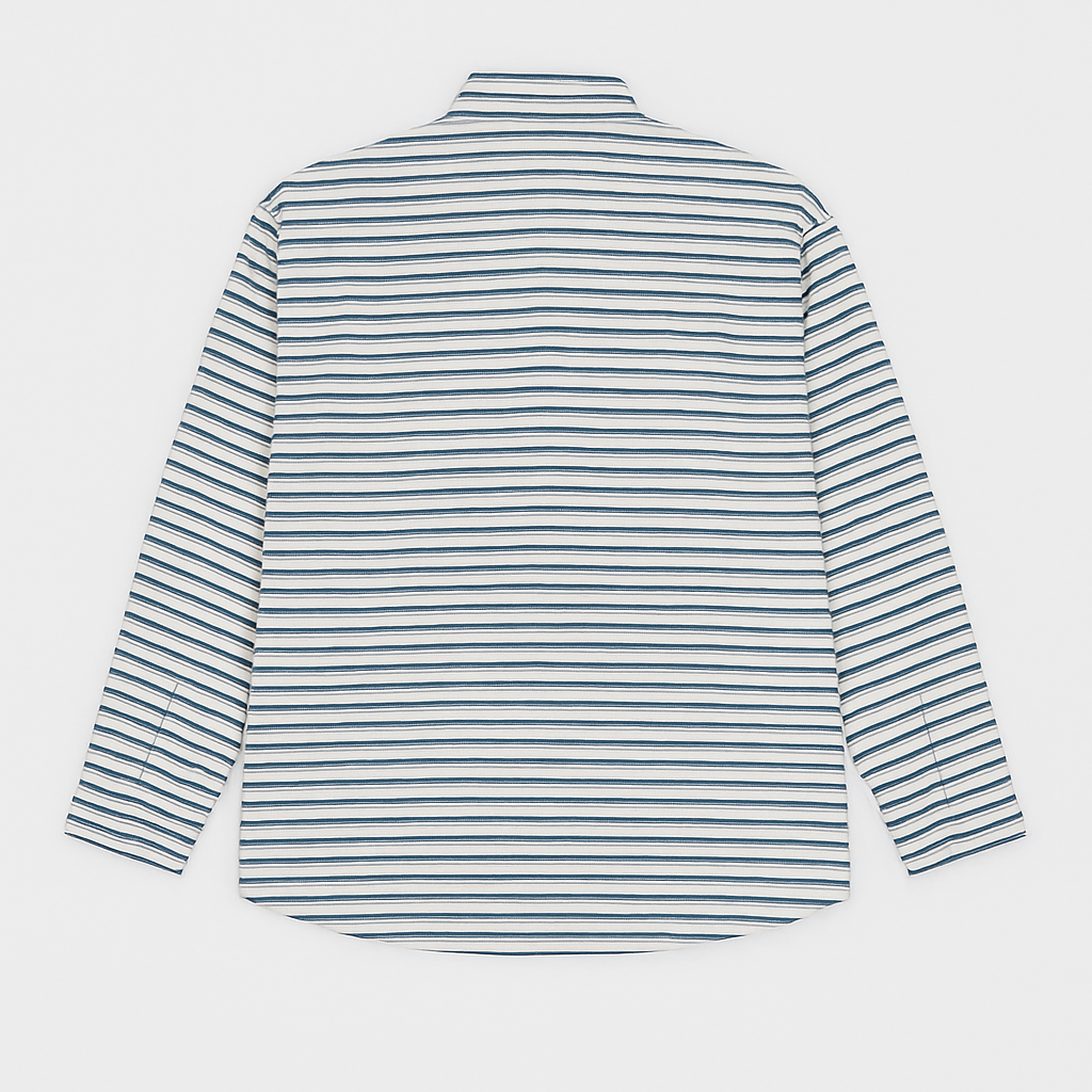 White and blue horizontal stripe casual shirt for plus size men, button-down front and long sleeves – flat lay on white background