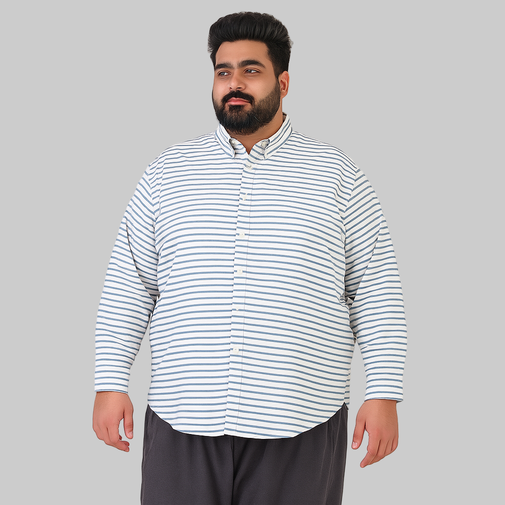 White and blue horizontal stripe casual shirt for plus size men, button-down front and long sleeves – flat lay on white background