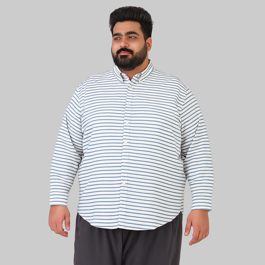 White and blue horizontal stripe casual shirt for plus size men, button-down front and long sleeves – flat lay on white background