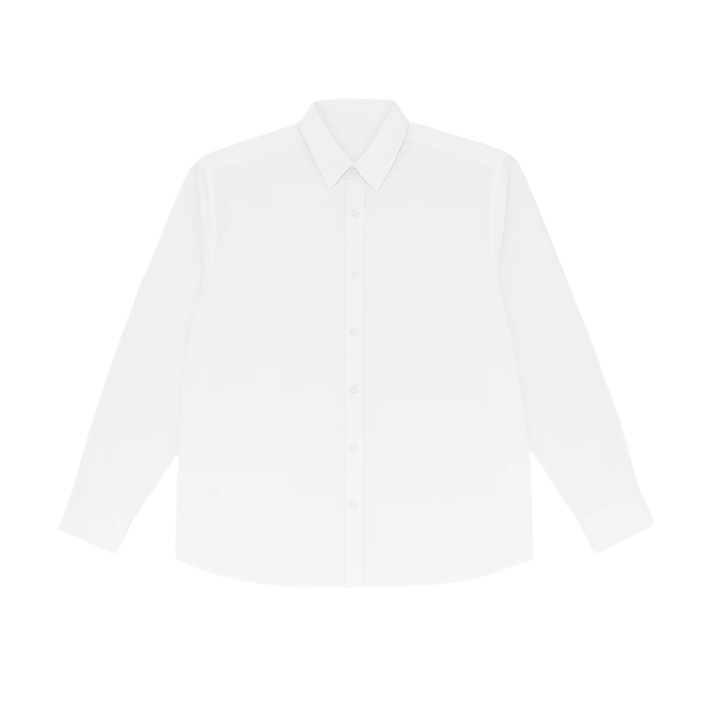 Classic white long sleeve formal shirt for plus size men with spread collar and buttoned cuffs – flat lay on white background