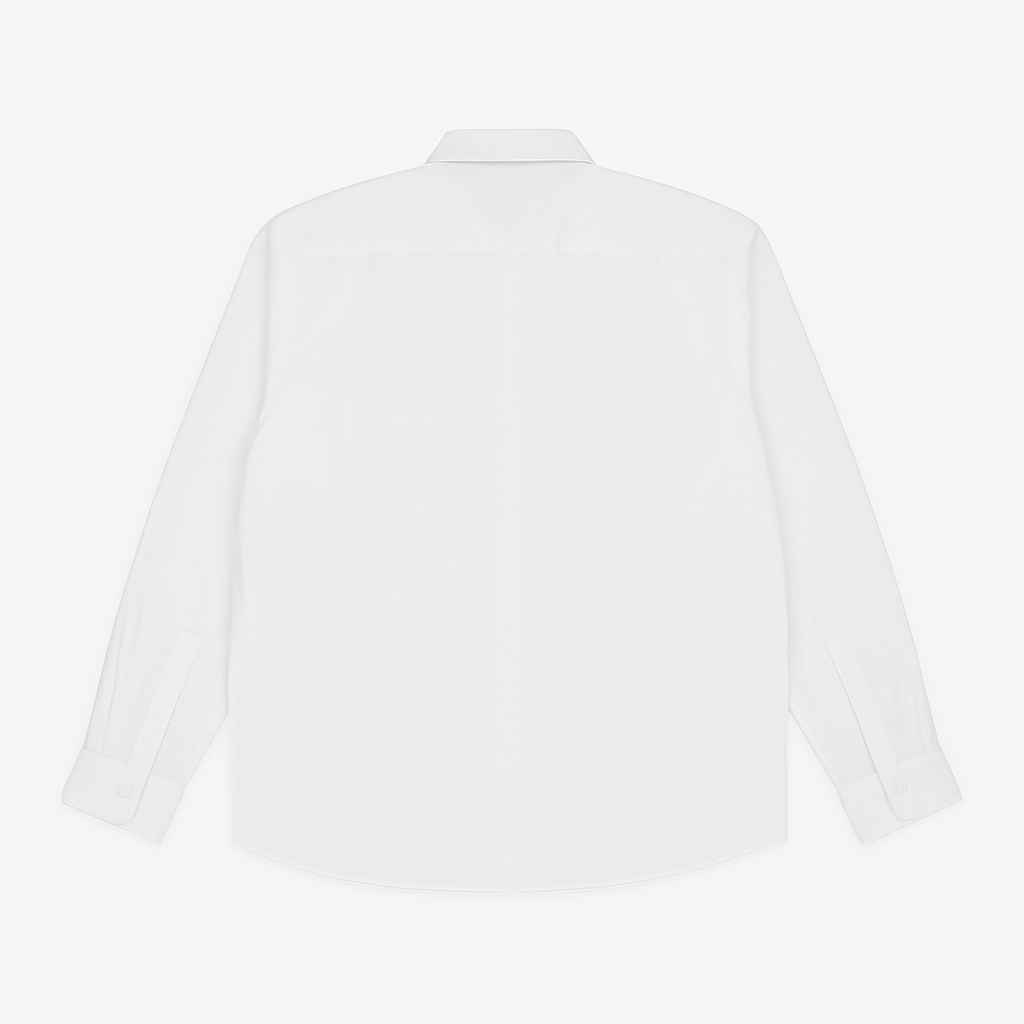 Classic white long sleeve formal shirt for plus size men with spread collar and buttoned cuffs – flat lay on white background