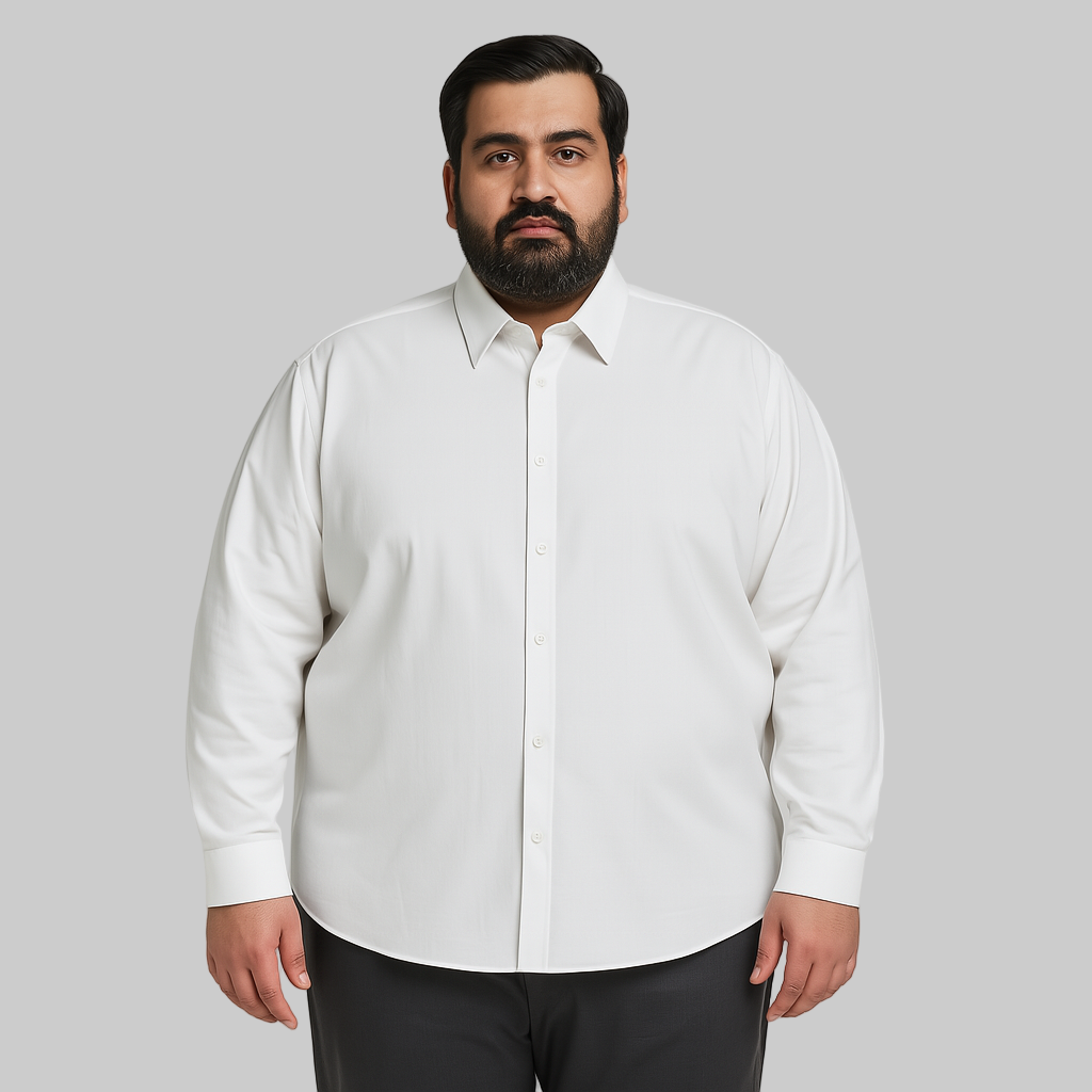 Classic white long sleeve formal shirt for plus size men with spread collar and buttoned cuffs – flat lay on white background
