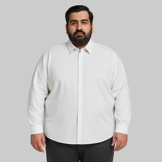 Classic white long sleeve formal shirt for plus size men with spread collar and buttoned cuffs – flat lay on white background