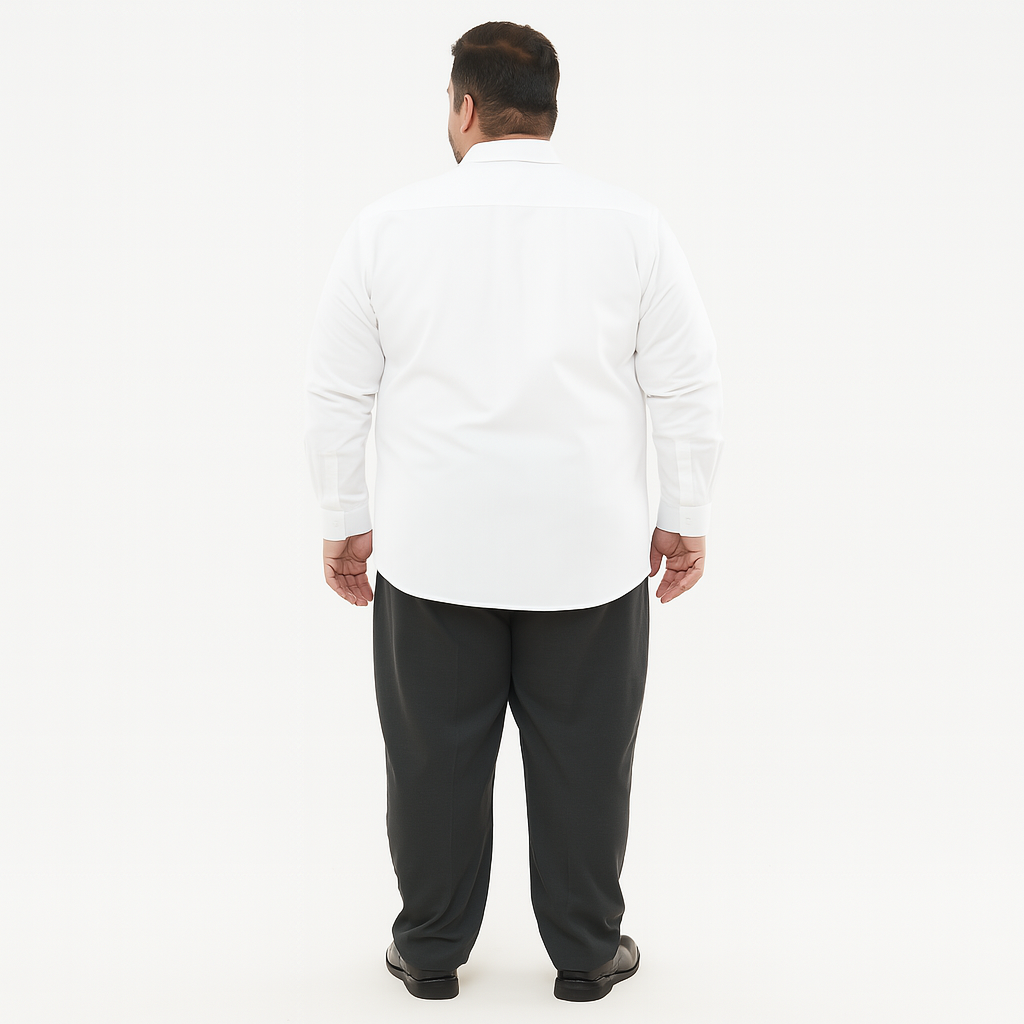 Classic white long sleeve formal shirt for plus size men with spread collar and buttoned cuffs – flat lay on white background