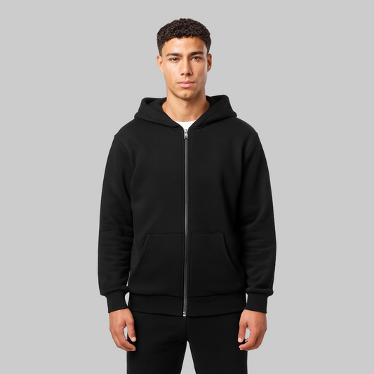 Black Full-Zip Fleece Hoodie for men with drawstring hood, zipper front, and side pockets — soft cotton-blend fleece jacket.