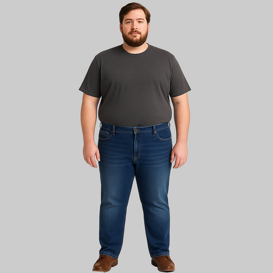 of Big & Tall Classic Indigo Stretch Denim Jeans in indigo wash, regular fit, with stretch fabric.