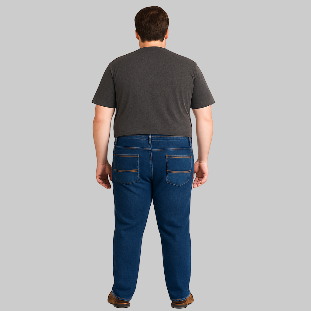 of Big & Tall Classic Indigo Stretch Denim Jeans in indigo wash, regular fit, with stretch fabric.