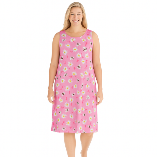 Women’s sleeveless sleepshirt in spring blossom print, soft cotton knit fabric, 40-inch length, relaxed fit, and breathable comfort for sleep or lounging