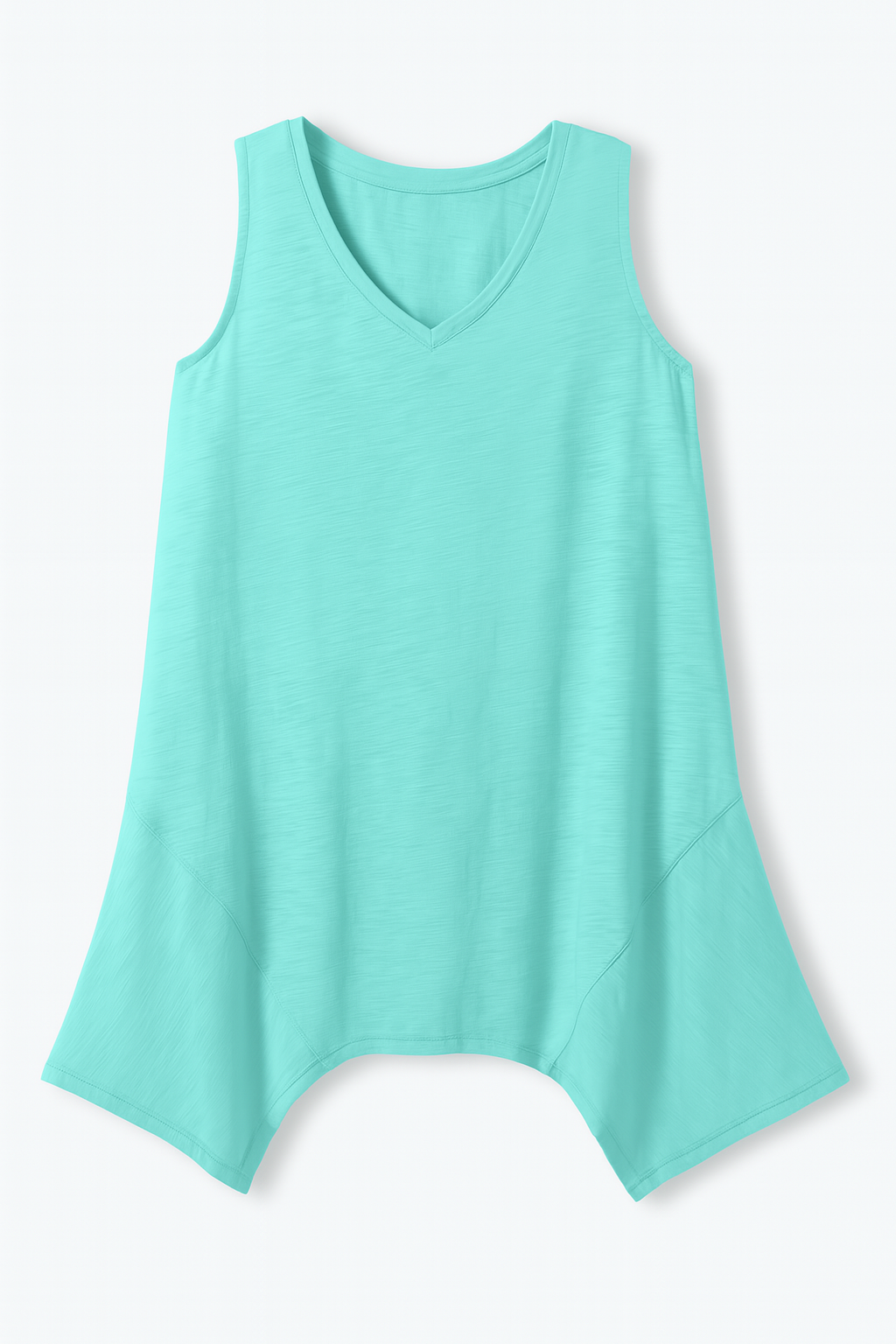 Ice Blue sleeveless plus-size tunic with V-neck and hanky hem