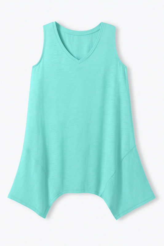 Ice Blue sleeveless plus-size tunic with V-neck and hanky hem