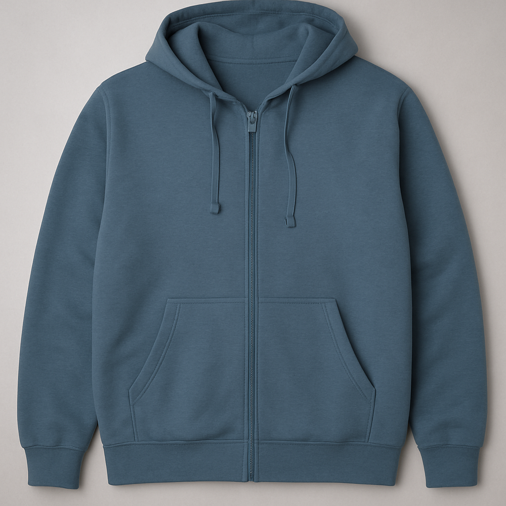 Front view of Slate Blue Full-Zip Plus Size Fleece Hoodie for men on white background.