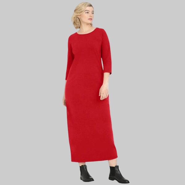 Chili red three quarter sleeve knit maxi dress with scoop neckline, waist seams, straight hem, and back slit, displayed on hanger against white background.