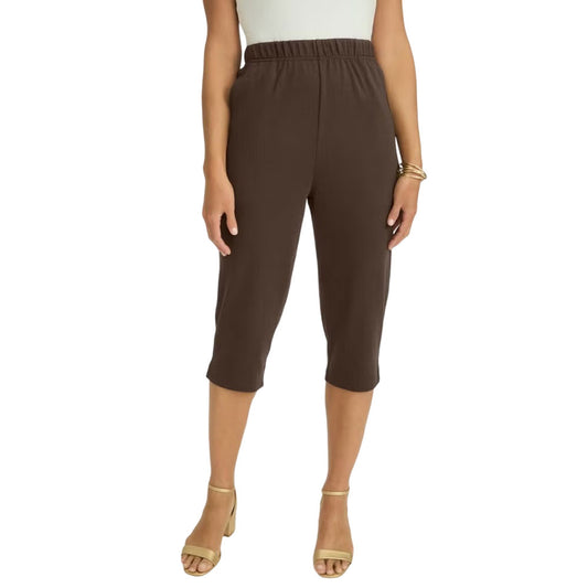 Plus-size pull-on capri pants with an elastic waistband, side slash pockets, and a soft cotton-blend fabric for all-day comfort.